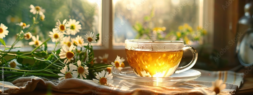 morning chamomile tea in a transparent glass cup on the windowsill, light background sunlight