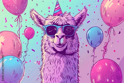 An adorable cartoon llama with bold outlines, wearing sunglasses and a party hat, standing in front of a festive background with balloons and confetti.