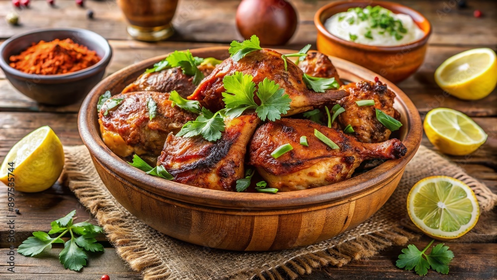 Juicy marinated chicken dish served in a traditional Indian clay oven, garnished with fresh cilantro and lemon, on a rustic wooden table backdrop. Juicy marinated chicken dish served in a traditional Indian clay oven, garnished with fresh cilantro and lemon, on a rustic wooden table backdrop.