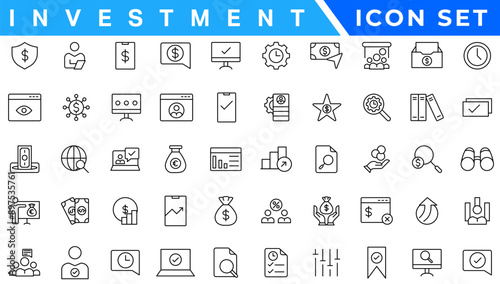 Investment icon set. Containing investor, mutual fund, asset, risk management, economy, financial gain, interest and stock icons
