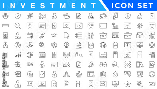 Investment icon set. Containing investor, mutual fund, asset, risk management, economy, financial gain, interest and stock icons