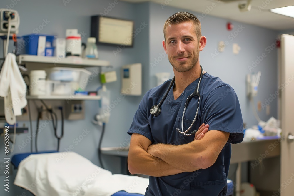 Obraz premium Handsome young man doctor in blue gown, portrait emergency doctor. Veterinarian in clinic smiles. Medicine, field about health, banner emergency services.
