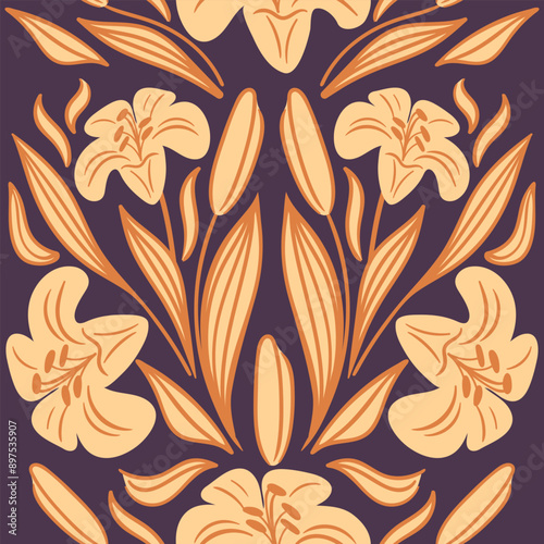 Lilies. Modern flowers, decorative seamless pattern of pastel colors in geometric shapes. Abstract groovy botanical vintage illustration. For wallpaper, fabric, wrapping, background. Aesthetic vector