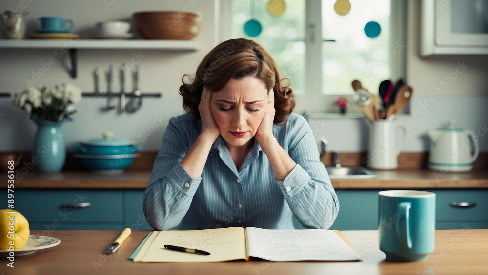 Tired and exhausted caucasian housewife woman 40 years old in kitchen. 1950's style photo. Stress, sadness Tired and exhausted caucasian housewife woman 40 years old in kitchen. 1950's style photo. Stress, sadness