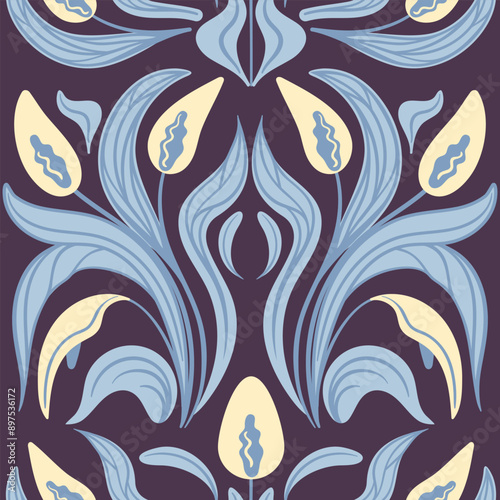 Spathiphyllum. Modern flowers, decorative seamless pattern of pastel colors in geometric shapes. Abstract groovy botanical illustration. For wallpaper, wrapping, background. Aesthetic vector