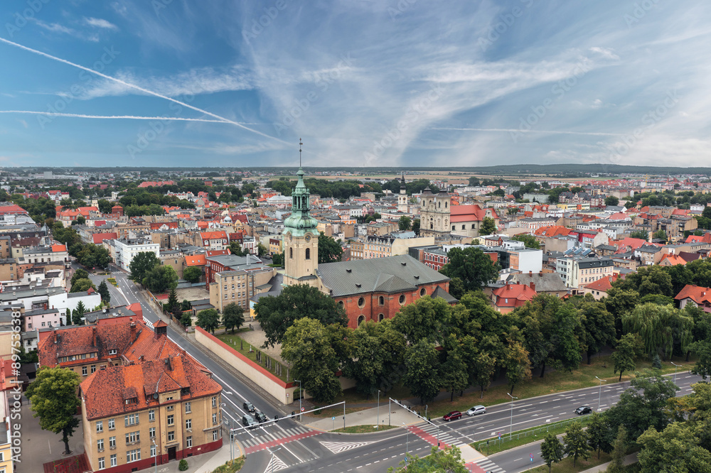 Aerial summer skyline cityscape of Leszno, Poland. Panoramic view of the old town market (Rynek) square and town hall (Ratusz)