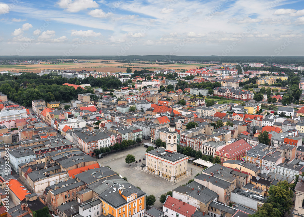 Aerial summer skyline cityscape of Leszno, Poland. Panoramic view of the old town market (Rynek) square and town hall (Ratusz)