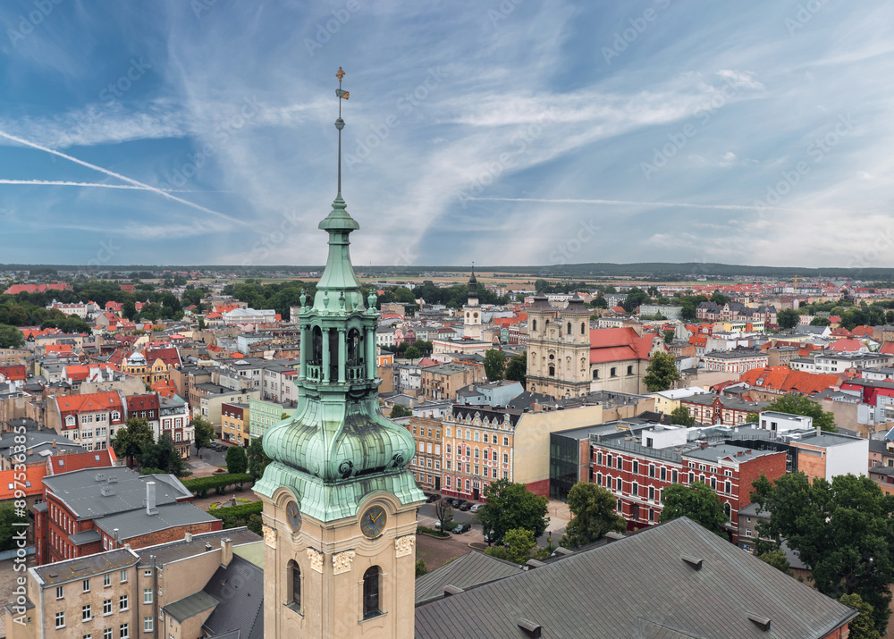 Aerial summer skyline cityscape of Leszno, Poland. Panoramic view of the old town market (Rynek) square and town hall (Ratusz)