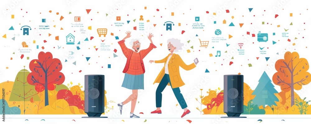 Elderly women enjoying music and technology in a colorful outdoor setting Elderly women enjoying music and technology in a colorful outdoor setting