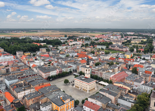 Obraz na płótnie Aerial summer skyline cityscape of Leszno, Poland. Panoramic view of the old town market (Rynek) square and town hall (Ratusz) w salonie