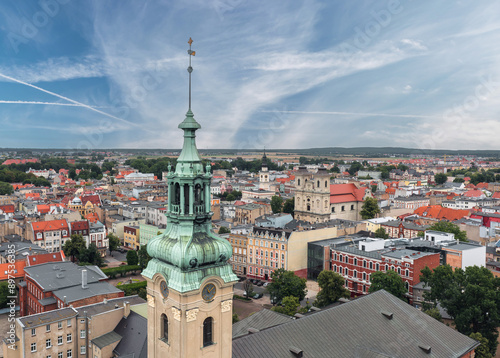 Aerial summer skyline cityscape of Leszno, Poland. Panoramic view of the old town market (Rynek) square and town hall (Ratusz)