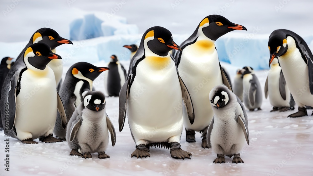 Obraz premium A family of penguins huddled together on the icy Antarctic landscape, their resilience and cooperation a testament to survival in extreme conditions.