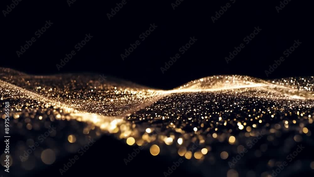 A wave of shimmering gold glitter moves across a black background. The glitter creates a sense of movement and energy, while the dark background provides a contrast that highlights the sparkle.