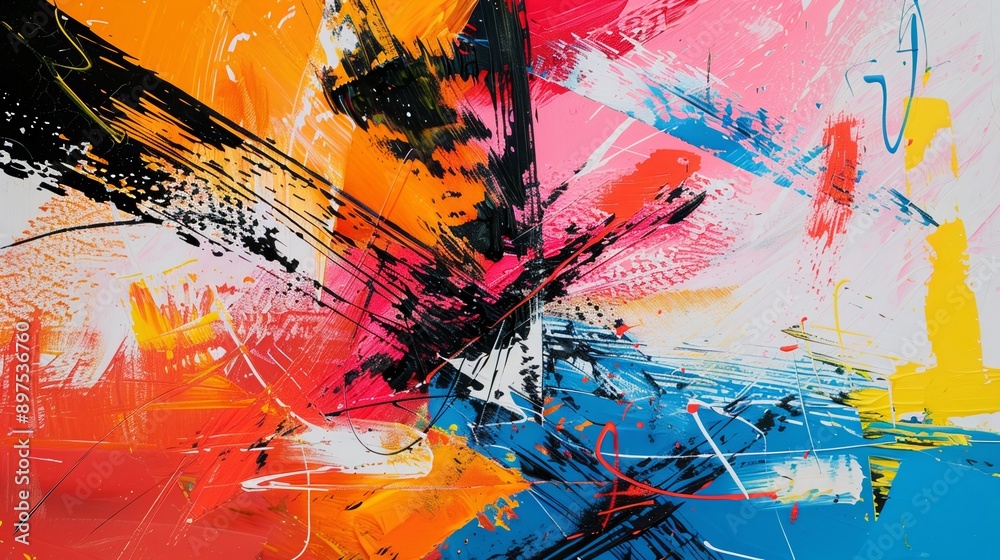 Energetic and lively abstract painting is filled with vibrant colors and dynamic brushstrokes, evoking a feeling of motion and dimension Energetic and lively abstract painting is filled with vibrant colors and dynamic brushstrokes, evoking a feeling of motion and dimension