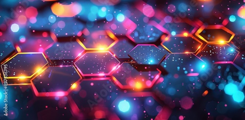 A background of glowing neon hexagons in various colors, creating an abstract and futuristic pattern.