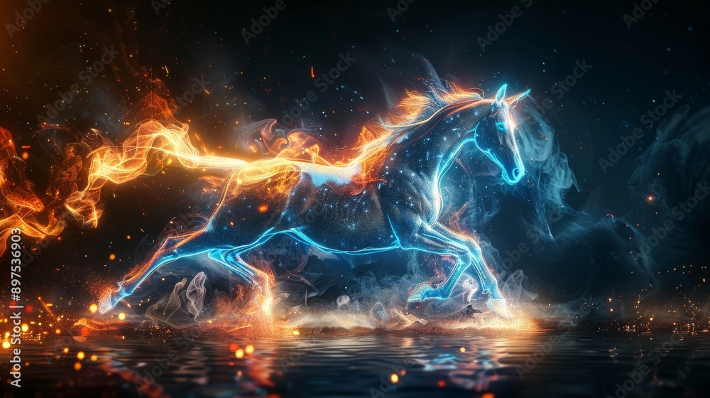 A majestic stallion with glowing hooves galloping on a cosmos creating an ethereal atmosphere. A majestic stallion with glowing hooves galloping on a cosmos creating an ethereal atmosphere.