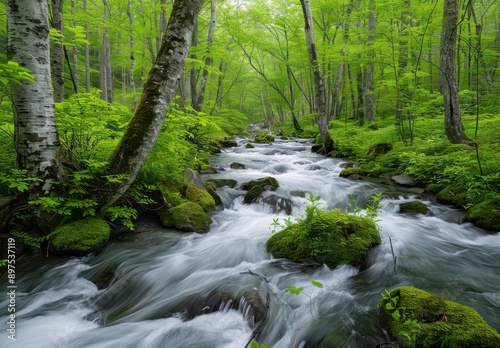 river in the forest of white water and green trees at high noon