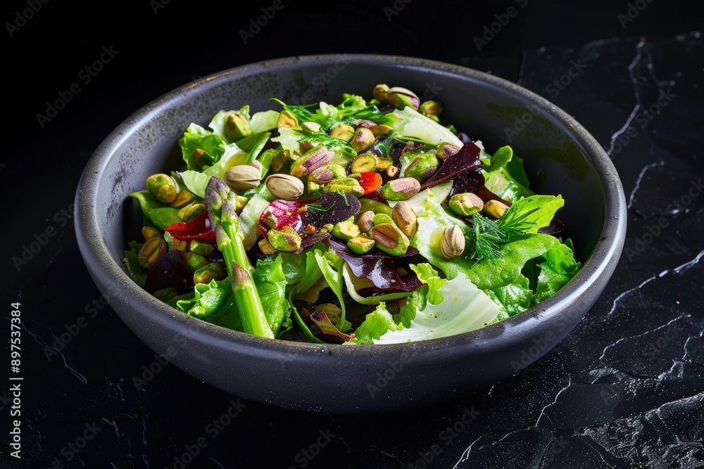 Asparagus Tips and Pistachios on a Bed of Mixed Greens Asparagus Tips and Pistachios on a Bed of Mixed Greens