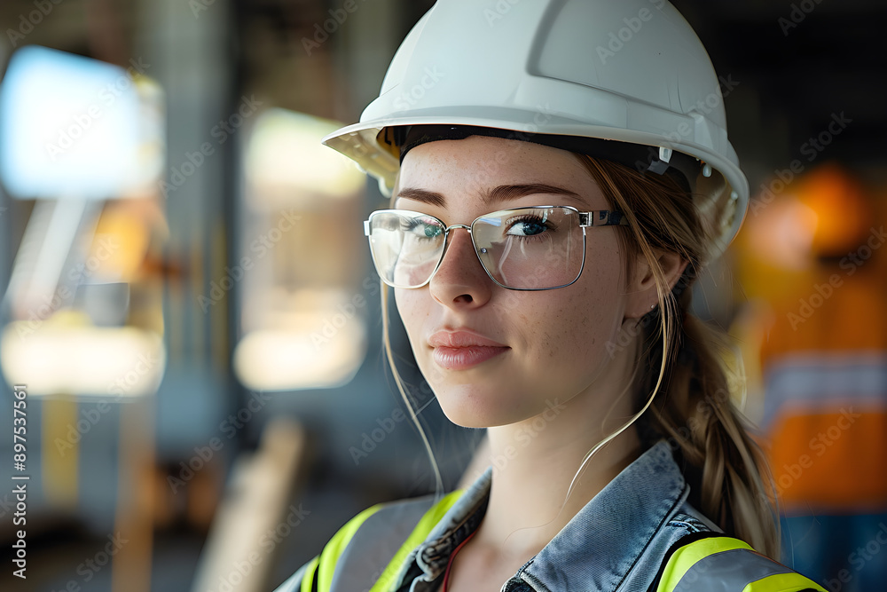 young construction worker, female engineer, wearing hard hat, safety glasses, industrial setting, focused expression, skilled labor, empowerment, diversity in workforce, educational use young construction worker, female engineer, wearing hard hat, safety glasses, industrial setting, focused expression, skilled labor, empowerment, diversity in workforce, educational use