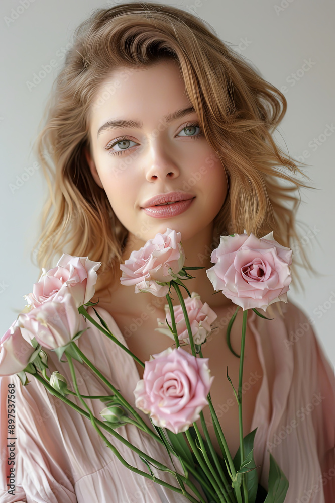 Beautiful young woman with eustoma flowers on light background