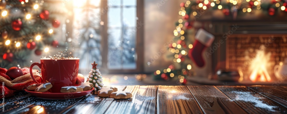 Cozy Christmas scene with hot cocoa, cookies, and festive decorations by the fireplace Cozy Christmas scene with hot cocoa, cookies, and festive decorations by the fireplace