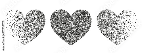 Dotwork abstract shapes, star in black grain texture, Stipple sand effect, gradient figures from dots. Vector illustration.