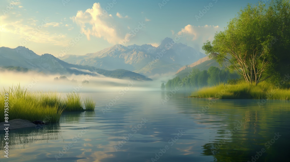 Serene landscape with misty mountains, calm lake, and lush greenery under a blue sky, evoking tranquility and natural beauty. Serene landscape with misty mountains, calm lake, and lush greenery under a blue sky, evoking tranquility and natural beauty.