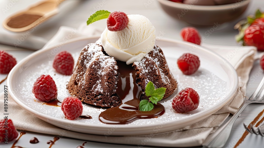 Warm lava cake with molten chocolate center and a scoop of ice cream Warm lava cake with molten chocolate center and a scoop of ice cream