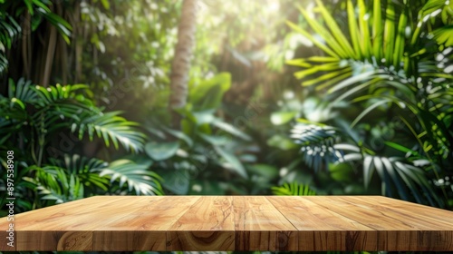 Wooden Tabletop with Defocused Tropical Greenery Background © kartolo