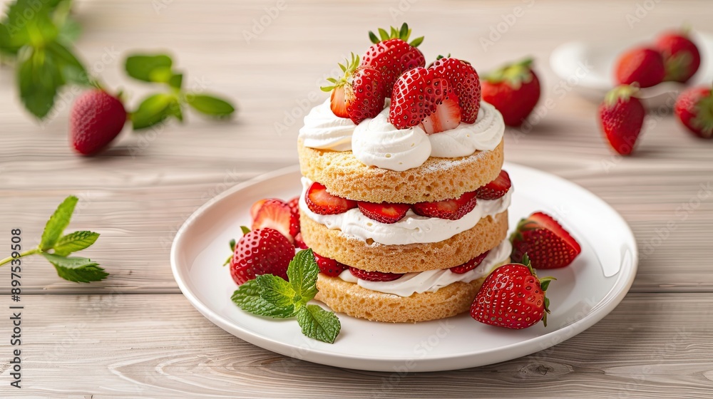 Plate of strawberry shortcake with whipped cream and fresh strawberries Plate of strawberry shortcake with whipped cream and fresh strawberries