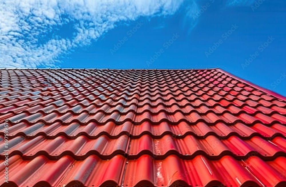 red roof of a house with red metal tiles against a blue sky background red roof of a house with red metal tiles against a blue sky background