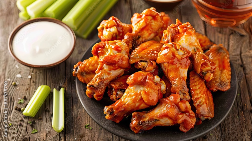 Plate of buffalo wings with a side of ranch dressing and celery sticks Plate of buffalo wings with a side of ranch dressing and celery sticks