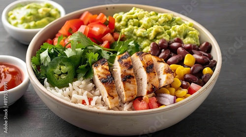 burrito bowl with rice, beans, grilled chicken, salsa, and guacamole