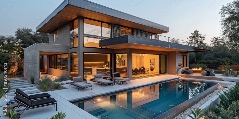 Modern luxury house with swimming pool and outdoor seating at dusk Modern luxury house with swimming pool and outdoor seating at dusk