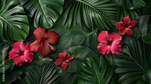  hibiscus flowers with lush green leaves in a jungle © PinkPearly