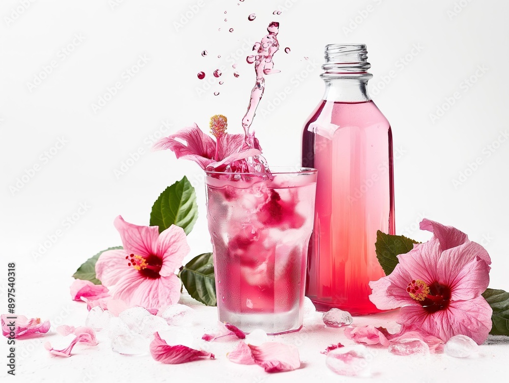 AI generator image of white table, white background,on the table there is a bottle of hibiscus-flavored kombucha, next to a glass in which pink kombucha is poured,ibiscus flowers AI generator image of white table, white background,on the table there is a bottle of hibiscus-flavored kombucha, next to a glass in which pink kombucha is poured,ibiscus flowers