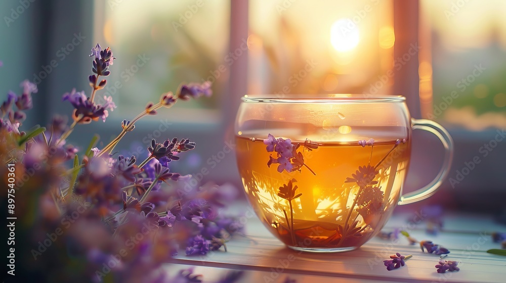 morning lavender tea with herbs in a transparent glass cup, light background of sunny morning light morning lavender tea with herbs in a transparent glass cup, light background of sunny morning light