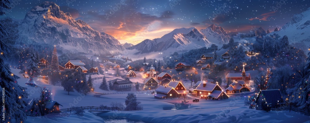 Peaceful winter village illuminated by lights in a snowy mountain landscape Peaceful winter village illuminated by lights in a snowy mountain landscape