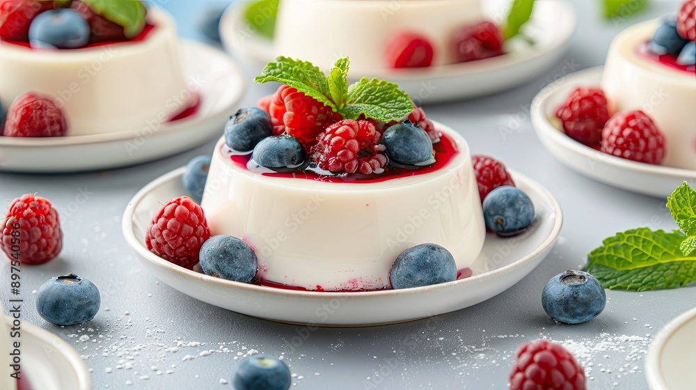 Elegant panna cotta with a berry compote and mint leaves
