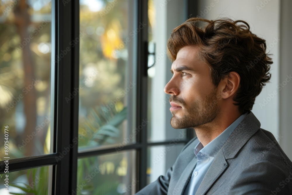 Fototapeta premium Contemplative businessman in stylish slate gray suit under soft natural light