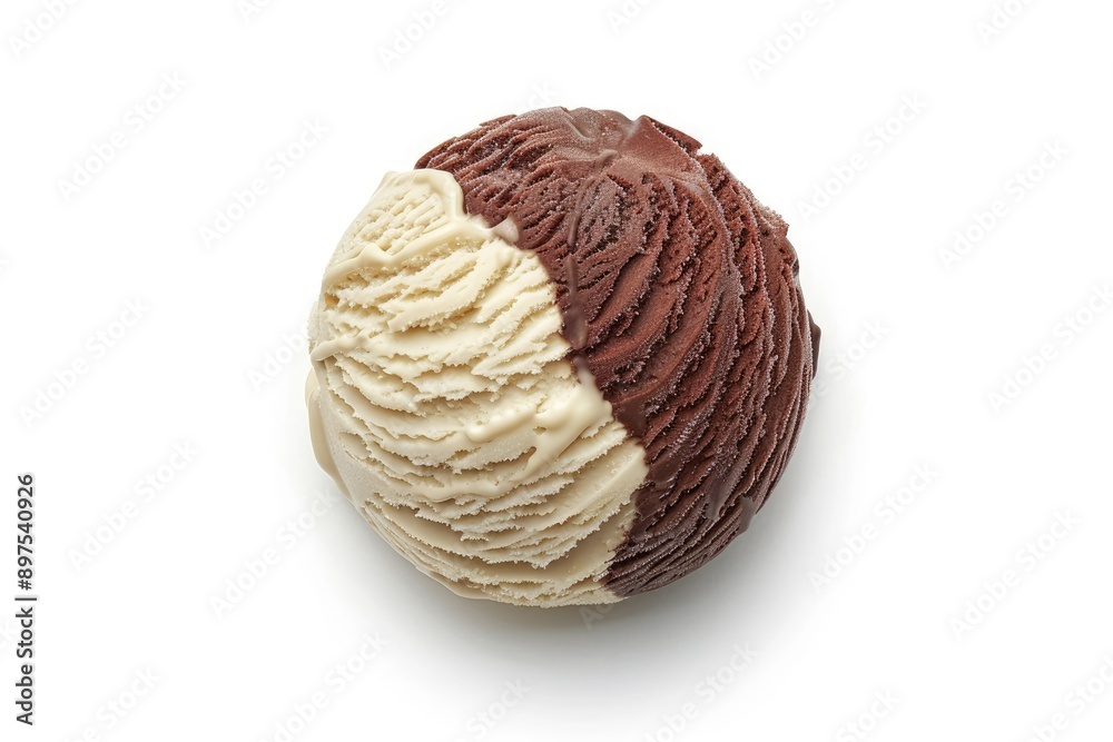 Vanilla and chocolate ice cream ball on white background top view Vanilla and chocolate ice cream ball on white background top view