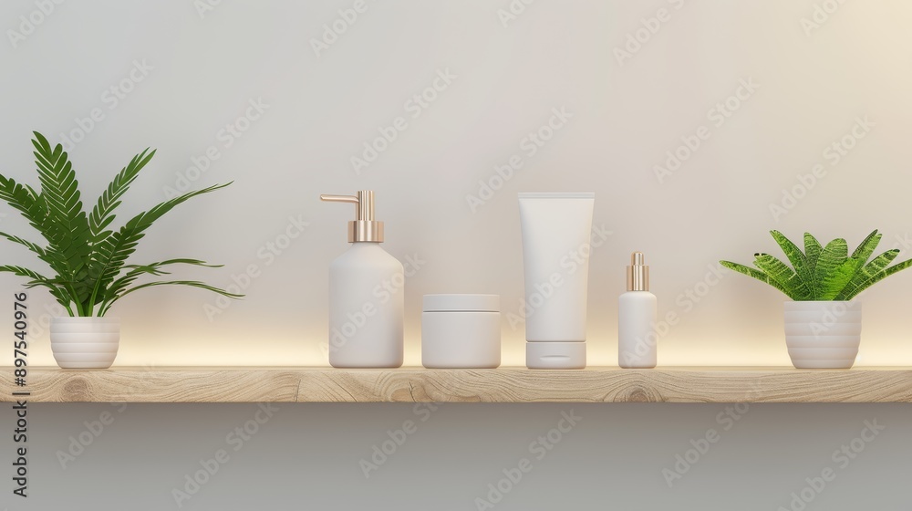 A beautifully arranged display of eco-friendly skincare products on a wooden shelf, with plants and soft lighting creating a warm, inviting atmosphere A beautifully arranged display of eco-friendly skincare products on a wooden shelf, with plants and soft lighting creating a warm, inviting atmosphere