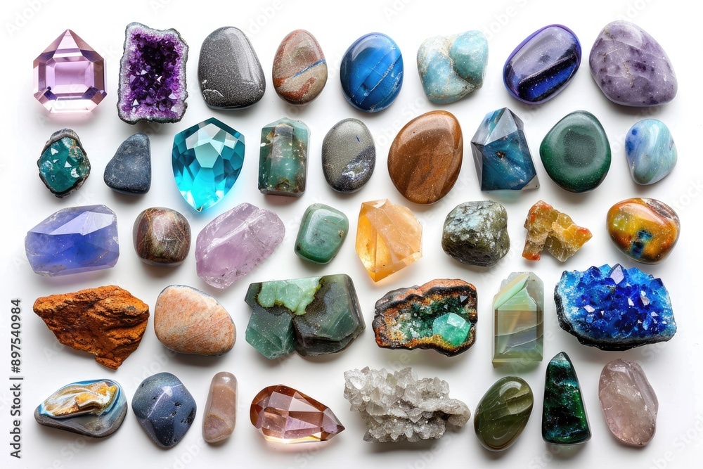 Valuable gemstones on white surface Various stones amethyst jade moonstone labradorite lapis lazuli aquamarine topaz quartz citrine prehnite Valuable gemstones on white surface Various stones amethyst jade moonstone labradorite lapis lazuli aquamarine topaz quartz citrine prehnite