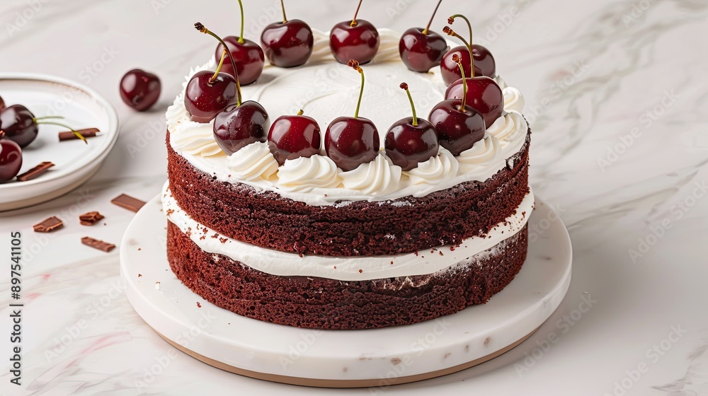 Classic black forest cake with layers of chocolate, cherries, and whipped cream Classic black forest cake with layers of chocolate, cherries, and whipped cream