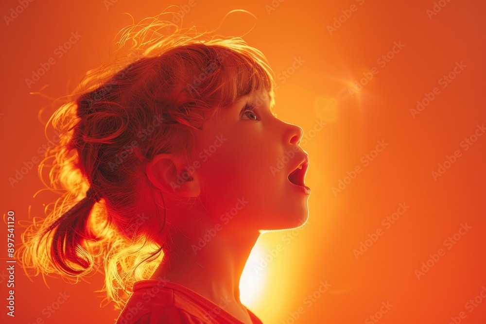 Surprised Kid in Easter Red Under Bright Light Profile View Surprised Kid in Easter Red Under Bright Light Profile View