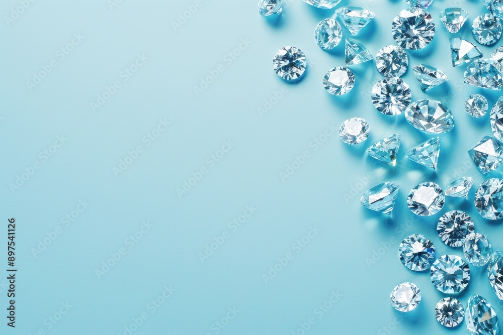 Various diamond cuts scattered on blue surface with space for text top down view Various diamond cuts scattered on blue surface with space for text top down view