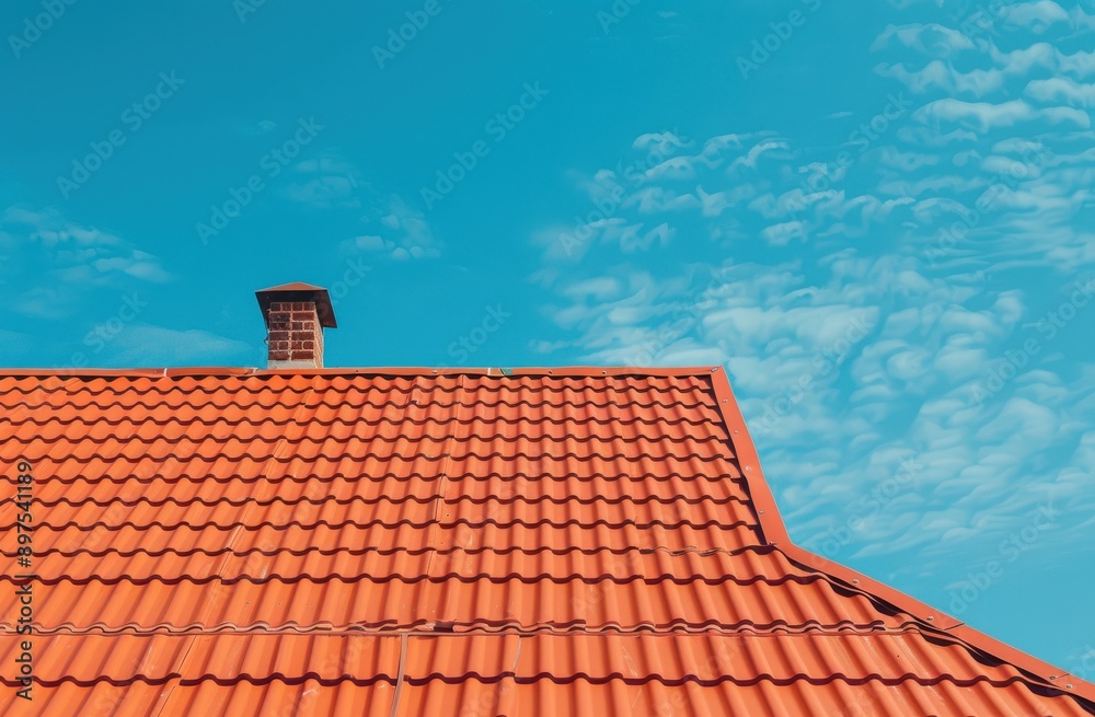 red roof of a house with red metal tiles against a blue sky background red roof of a house with red metal tiles against a blue sky background