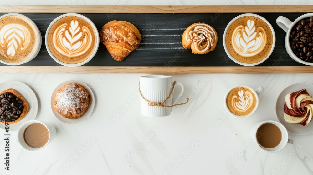 A chic coffee shop counter with an array of artisanal coffee blends, pastries, and a chalkboard displaying a friendly, inspirational quote A chic coffee shop counter with an array of artisanal coffee blends, pastries, and a chalkboard displaying a friendly, inspirational quote
