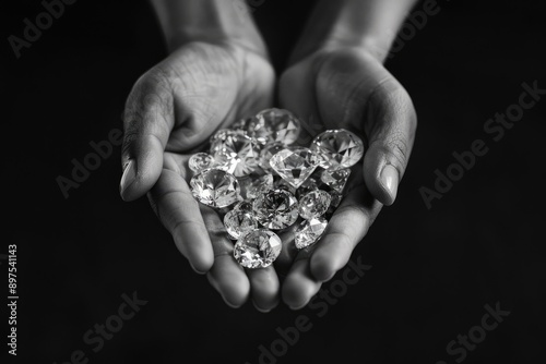 Various diamonds of different sizes and cuts held by a dealer photographed in black and white on a black background photo