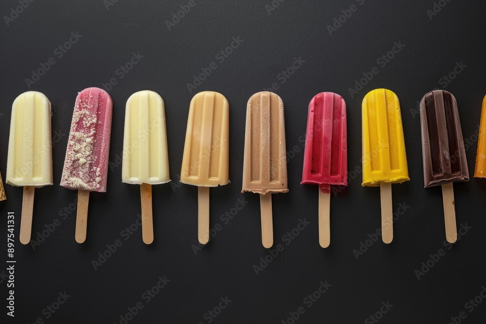 Various ice cream popsicles on black background assortment of cones and popsicles top view with copy space Various ice cream popsicles on black background assortment of cones and popsicles top view with copy space